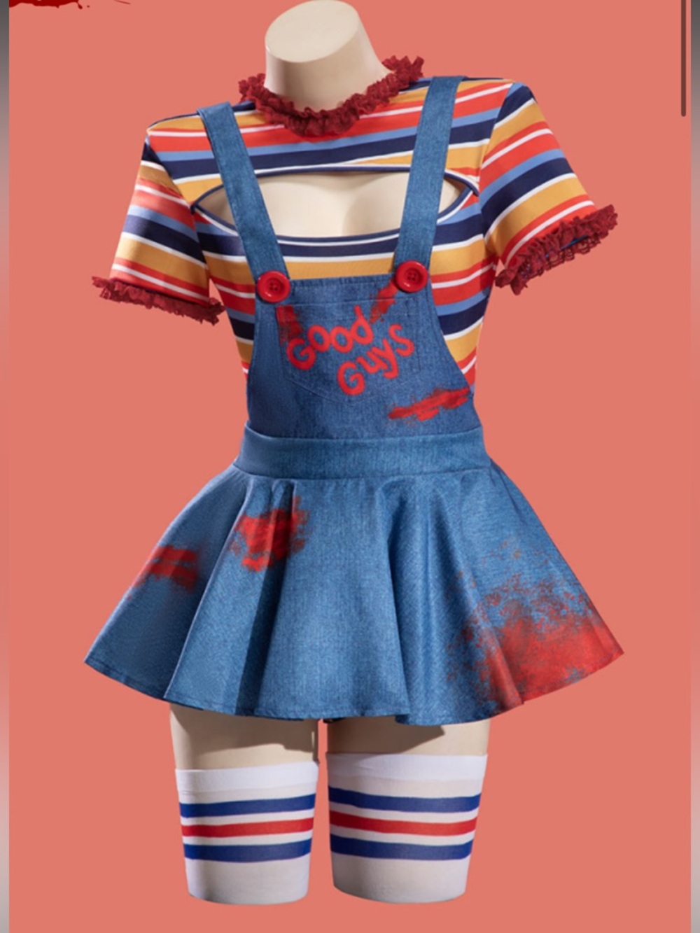 CHUCKY - Good Guys Denim Pinafore Costume Dress with Striped Tee and Socks